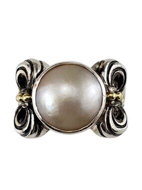 Lagos Caviar Sterling Silver and 18K Yellow Gold Pearl Ring Size 7 #25071